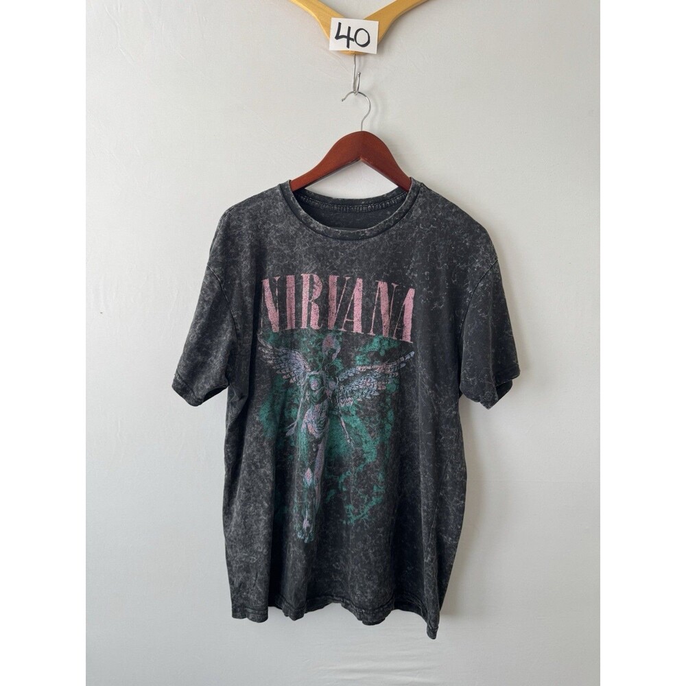 Nirvana Black Acid Wash Graphic T-Shirt 100% Cotton Size XL Made in Pakistan